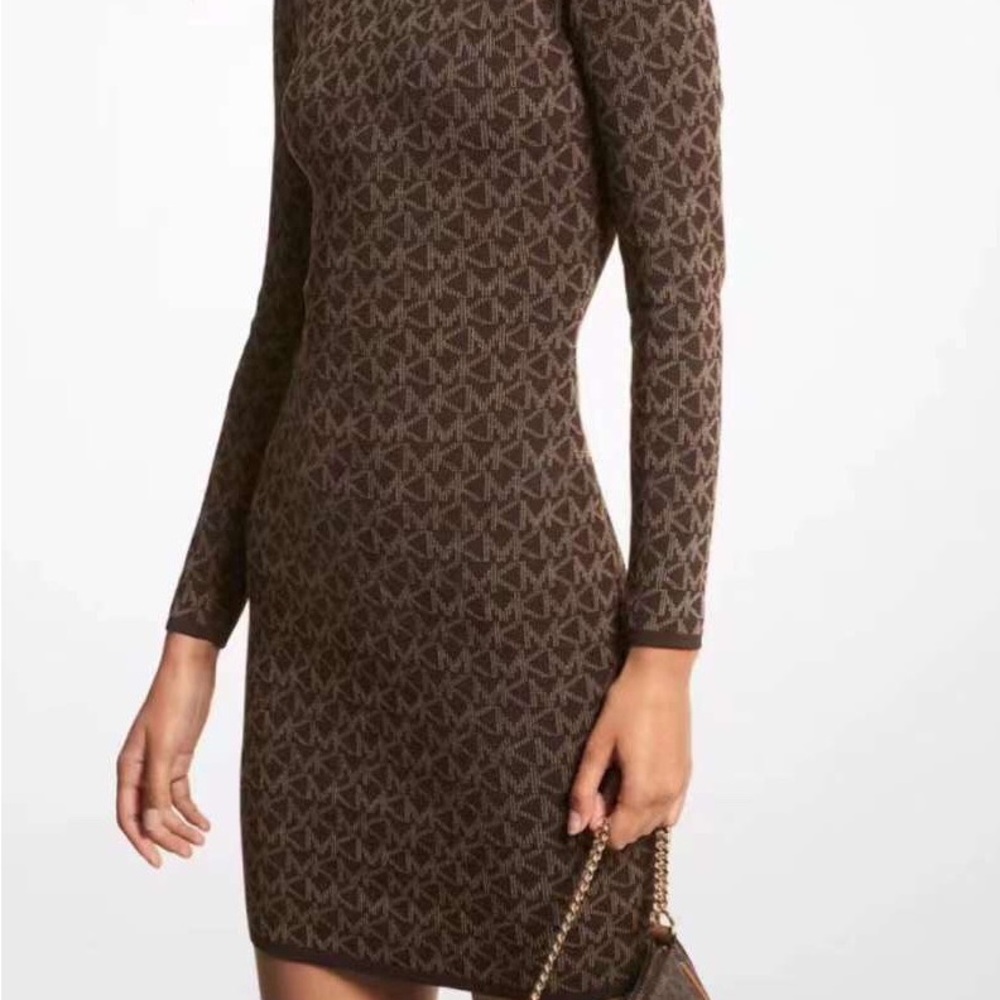 NWT MICHAEL MICHAEL KORS Logo Jacquard Dress - Chocolate (JH180X84GH)